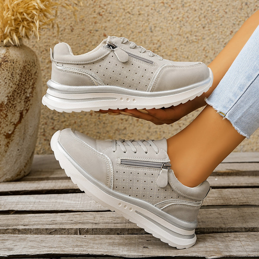 Fabric Chunky-Sole Round Toe Lace Up Sneakers in cream with round toe