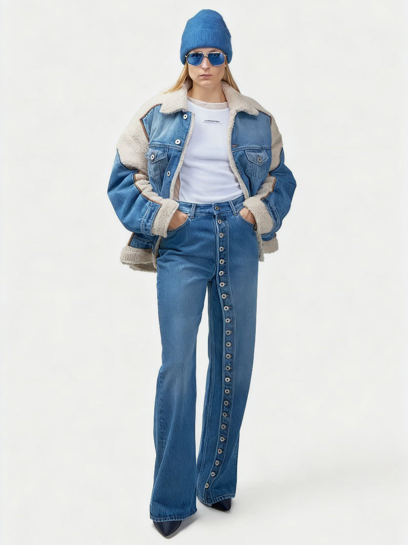 Dusty Blue wide-leg jeans with full-length and button-fly