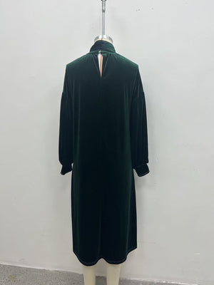 Velvet Tie-Neck Lantern Sleeve Midi Dress Plus Size in Burgundy with contrast stitching