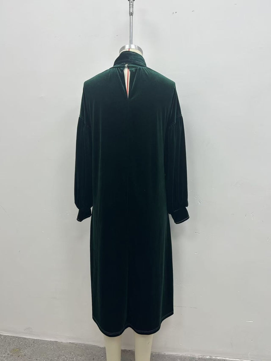 Velvet Tie-Neck Lantern Sleeve Midi Dress Plus Size in Burgundy with contrast stitching