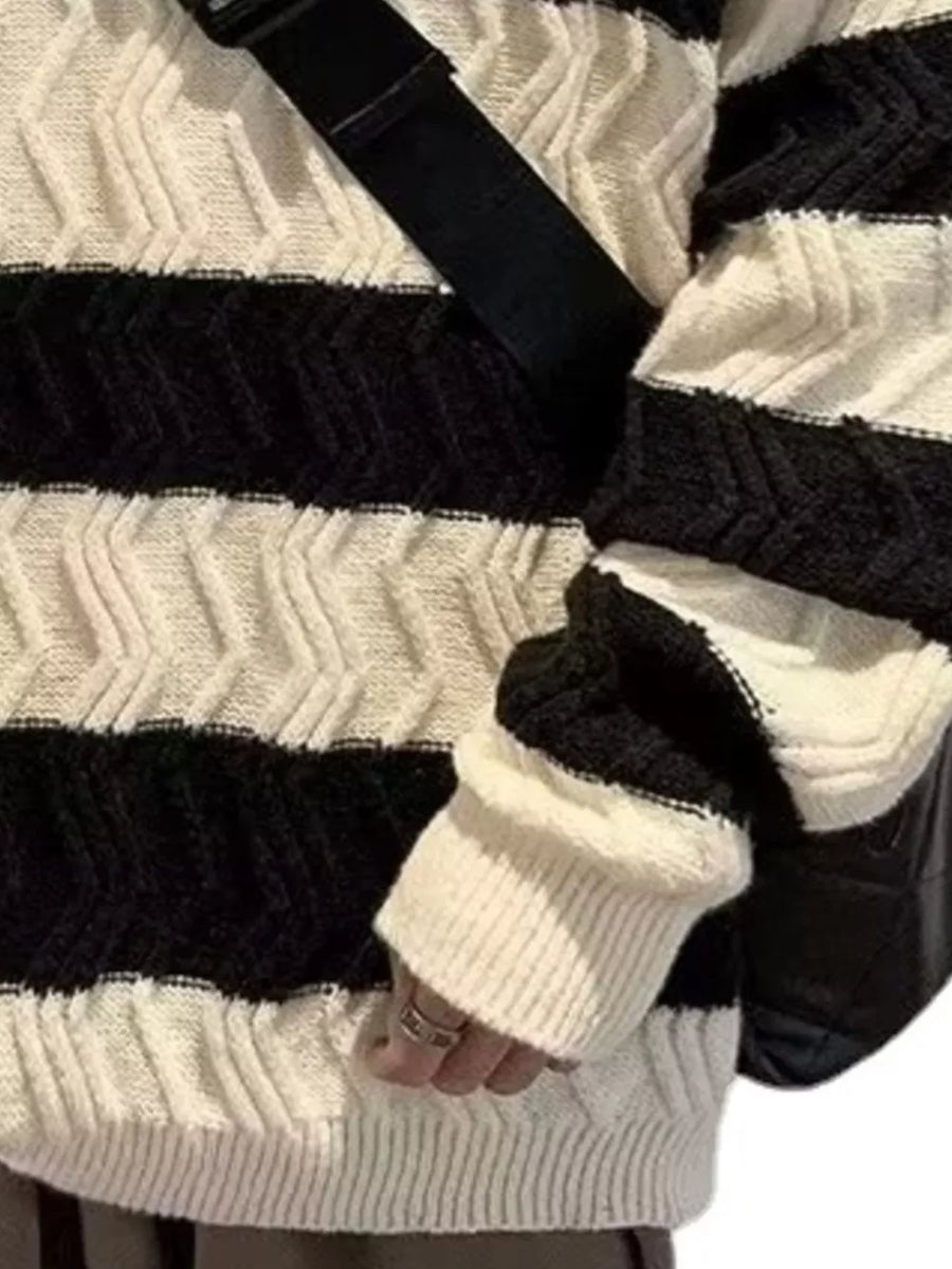 ivory pullover sweater featuring textured knit and striped