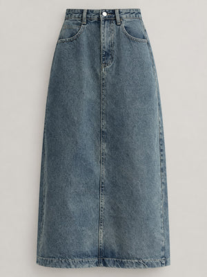 High-Waisted Vintage Wash Midi Denim Skirt Plus Size in Vintage Blue with washed