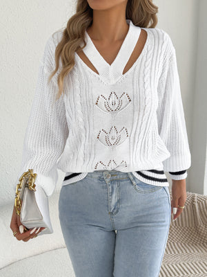 V-Neck Knit Long-Sleeve Sweater in Camel