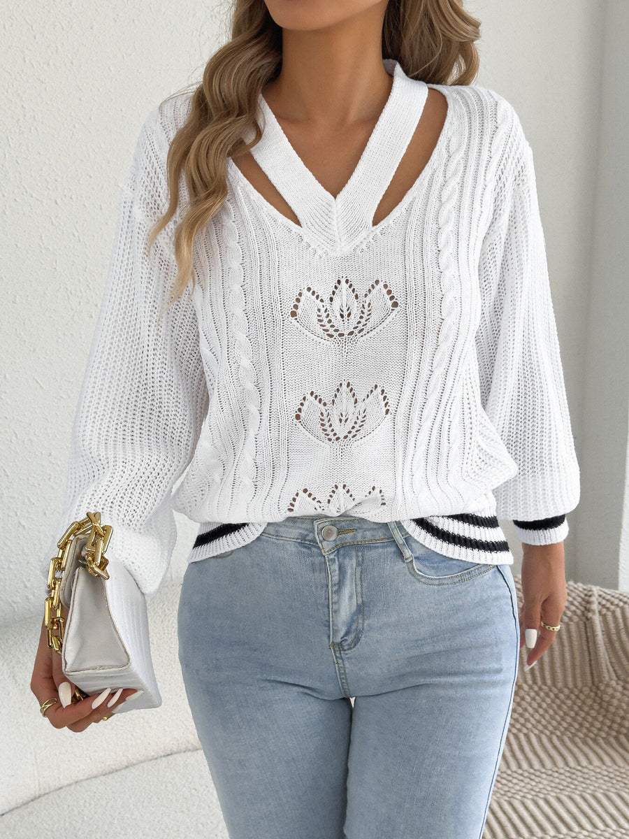 V-Neck Knit Long-Sleeve Sweater in Camel