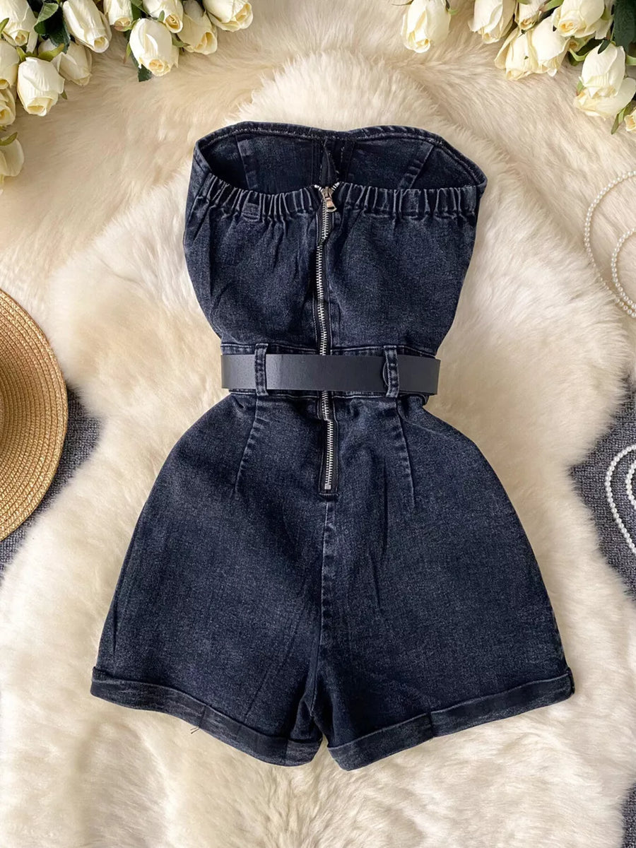 Black denim strapless romper with zipper and belt