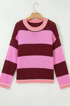 pullover sweater in Pink with striped and drop shoulder