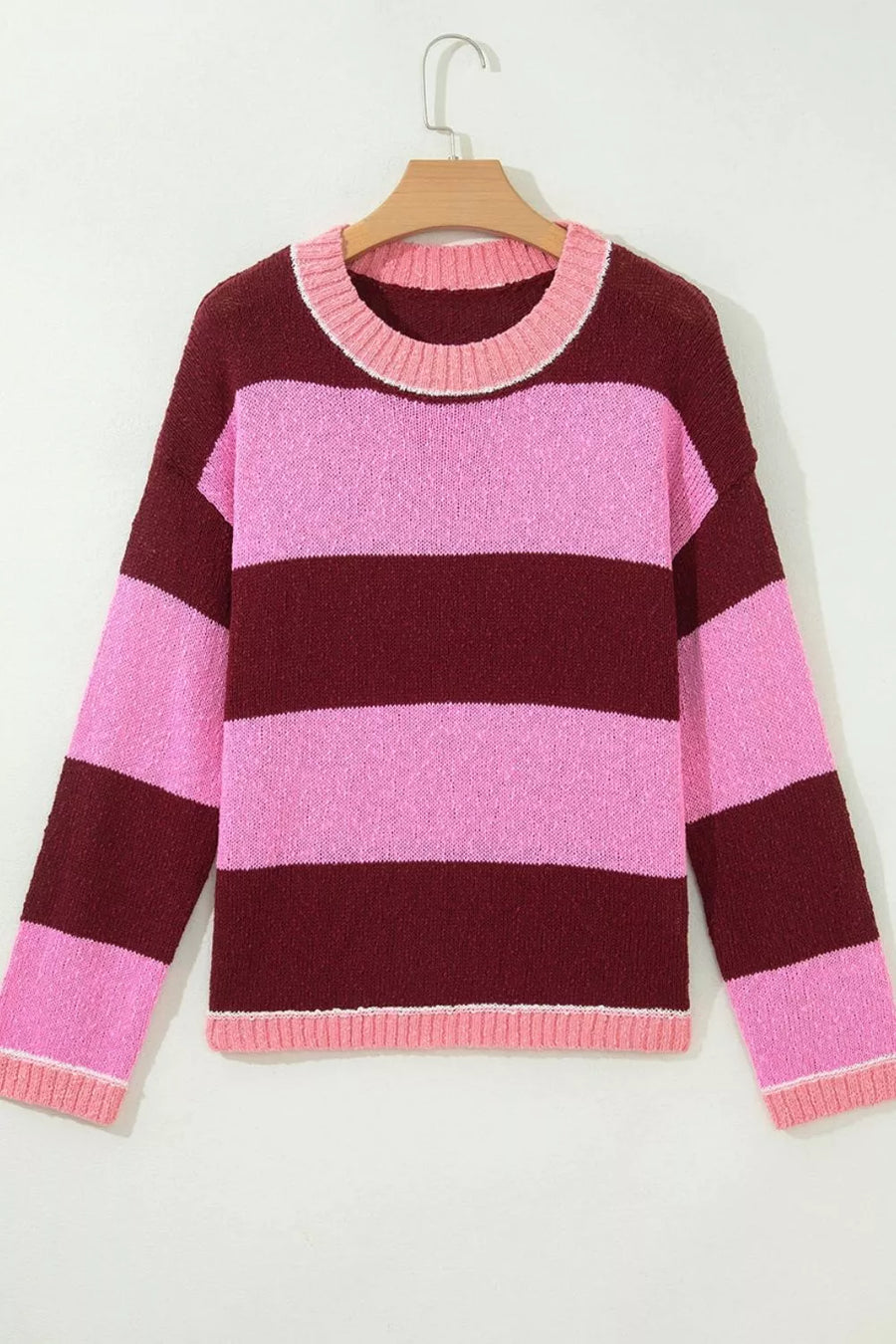pullover sweater in Pink with striped and drop shoulder