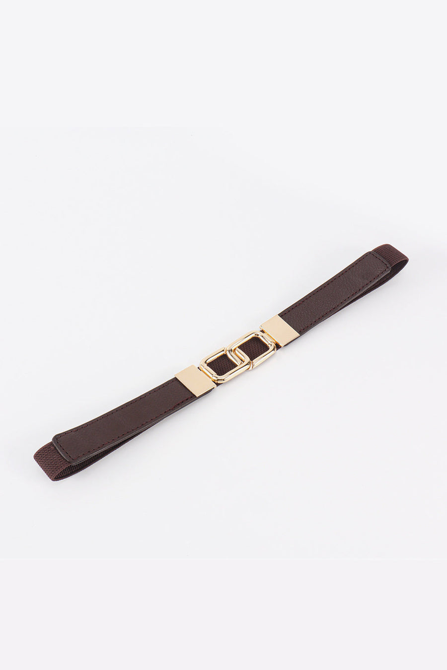 Chocolate brown elastic belt with linked rectangle gold buckle