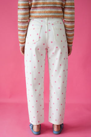 wide-leg jeans in Blush Pink with polka dot and pocketed