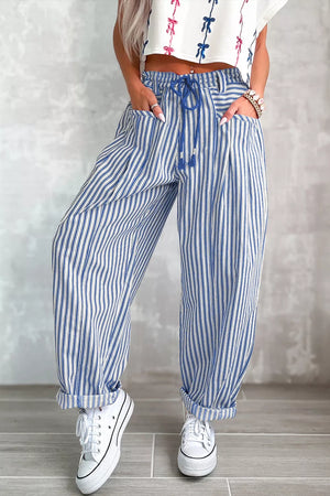 Stripe Drawstring Casual Loose Pants in Dusty Pink