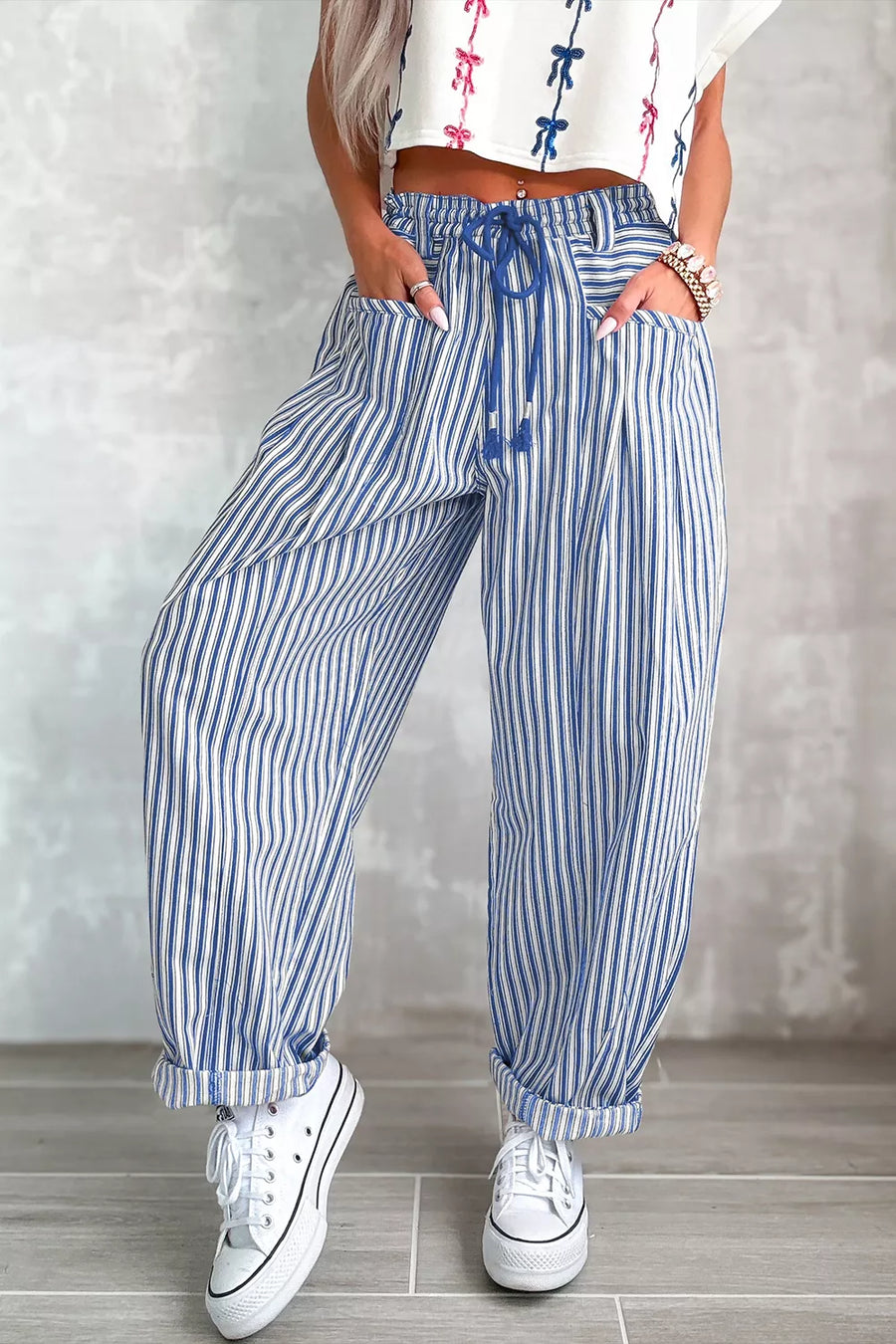 Stripe Drawstring Casual Loose Pants in Dusty Pink