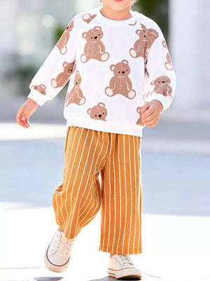 white lounge set with bear print and striped and crew neck