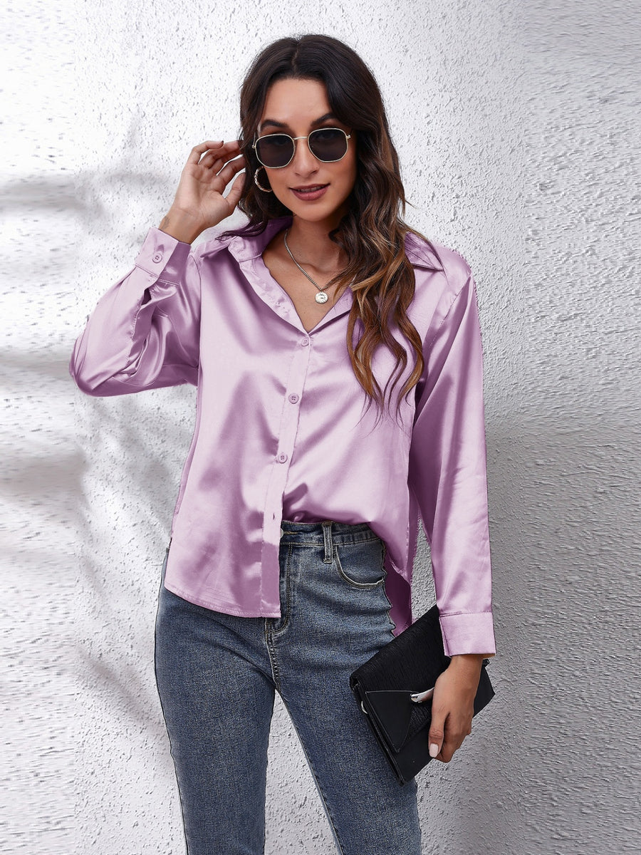 Lilac satin button-down shirt with a relaxed fit and effortless drape.