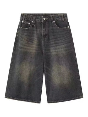Dark wash wide-leg denim culotte shorts with vintage fade detail