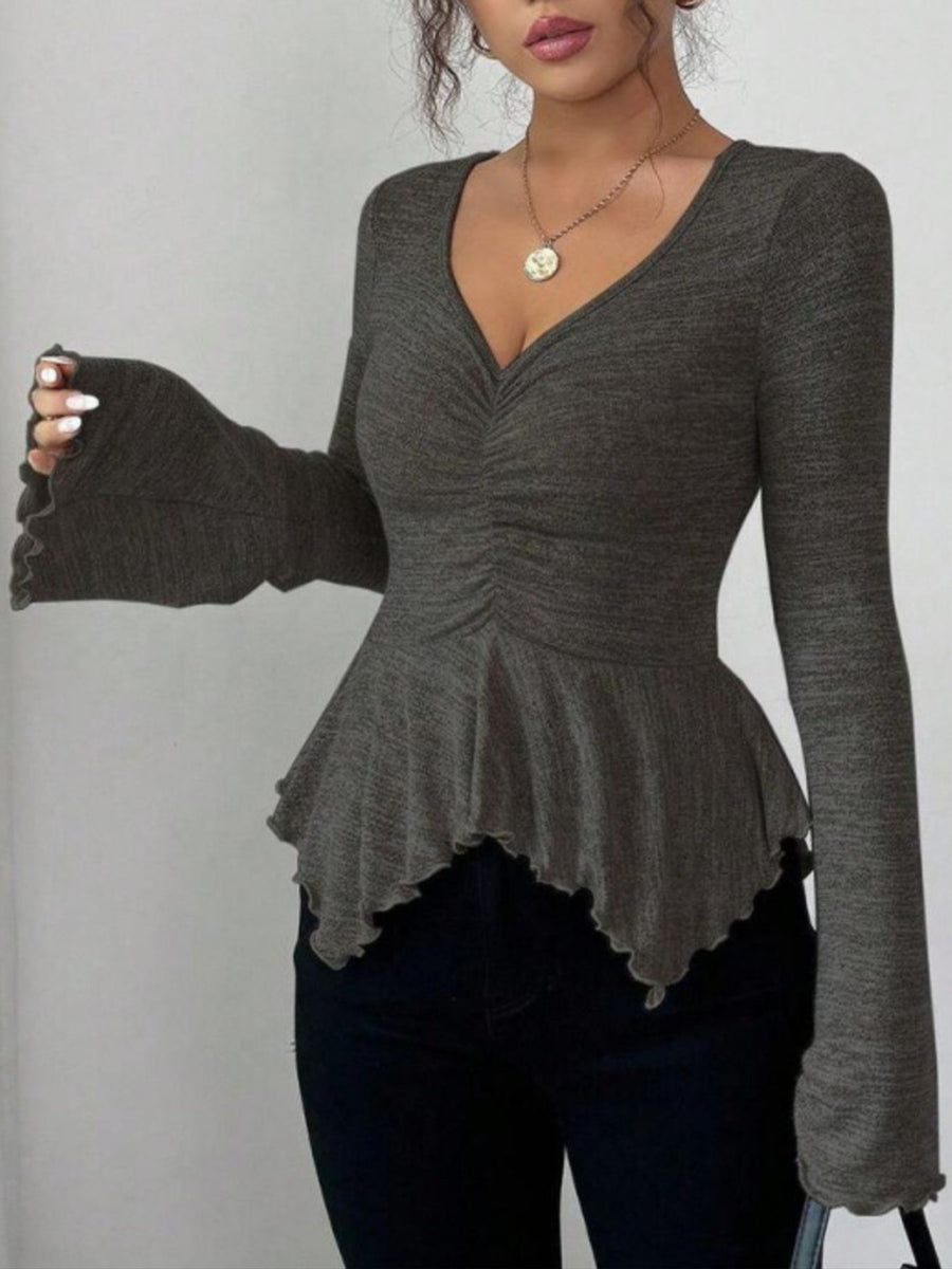 100% polyester Care instructions: Machine wash cold peplum top in Khaki with fitted silhouette