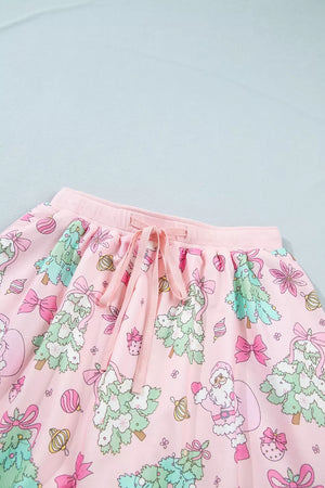 Floral Print Lace Trim Long Sleeve Top And Skirt Set in Blush Pink with drawstring waist