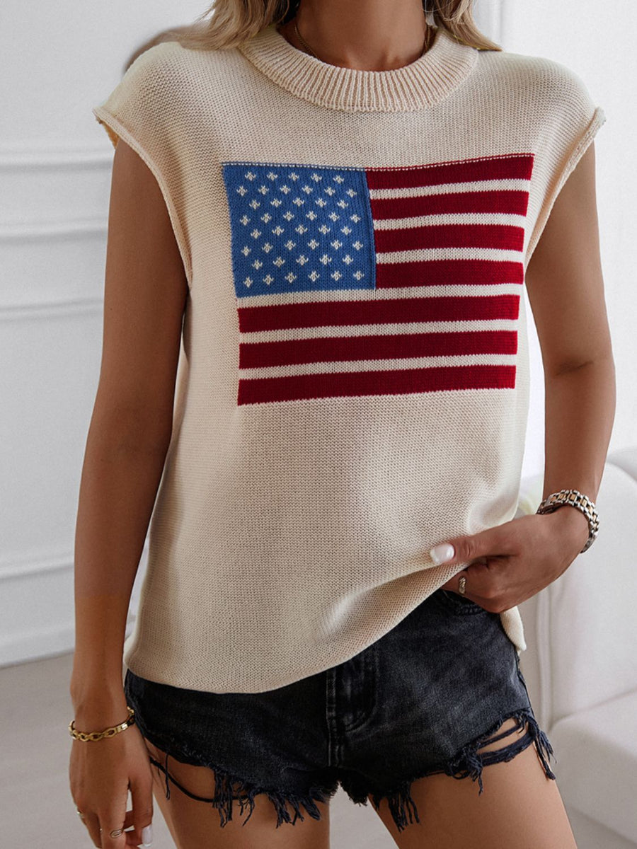 Beige knit vest with American flag graphic, crew neck, sleeveless, casual style