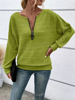 Sage ribbed acrylic sweatshirt with O-ring quarter zip and dolman sleeves.