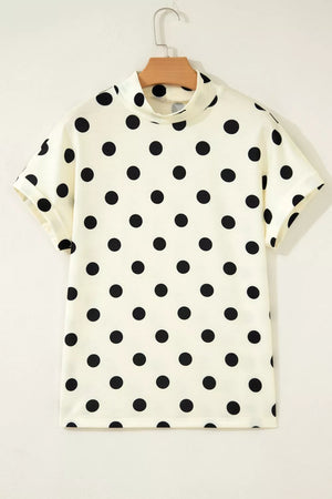 Cream polka dot mock neck t-shirt with short sleeves