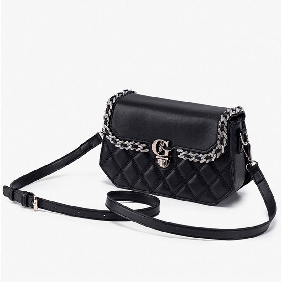 crossbody bag featuring quilted in black with PU Leather, Rhinestone Imported Size & texture