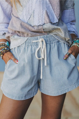 Blue and white striped cotton shorts with drawstring waist and pockets