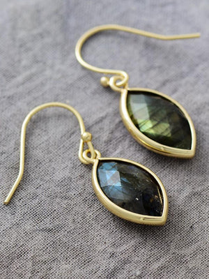 18K gold-plated marquise drop earrings with faceted labradorite stones in army green hues.