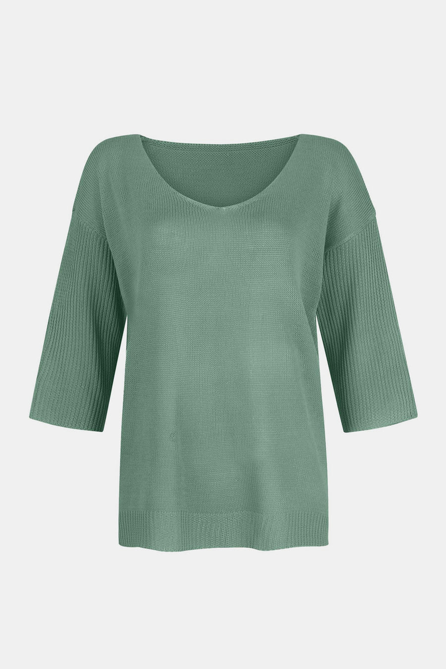 Flared sleeve V-neck knit sweater in Gum Leaf with ribbed sleeves.
