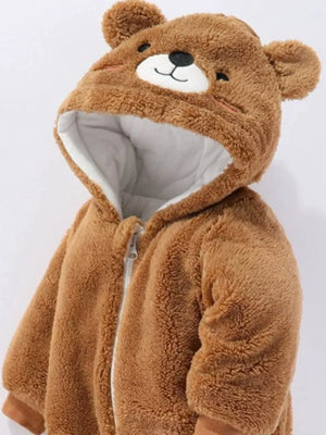 Brown fleece baby bear hooded snowsuit with zipper closure and embroidered face details.