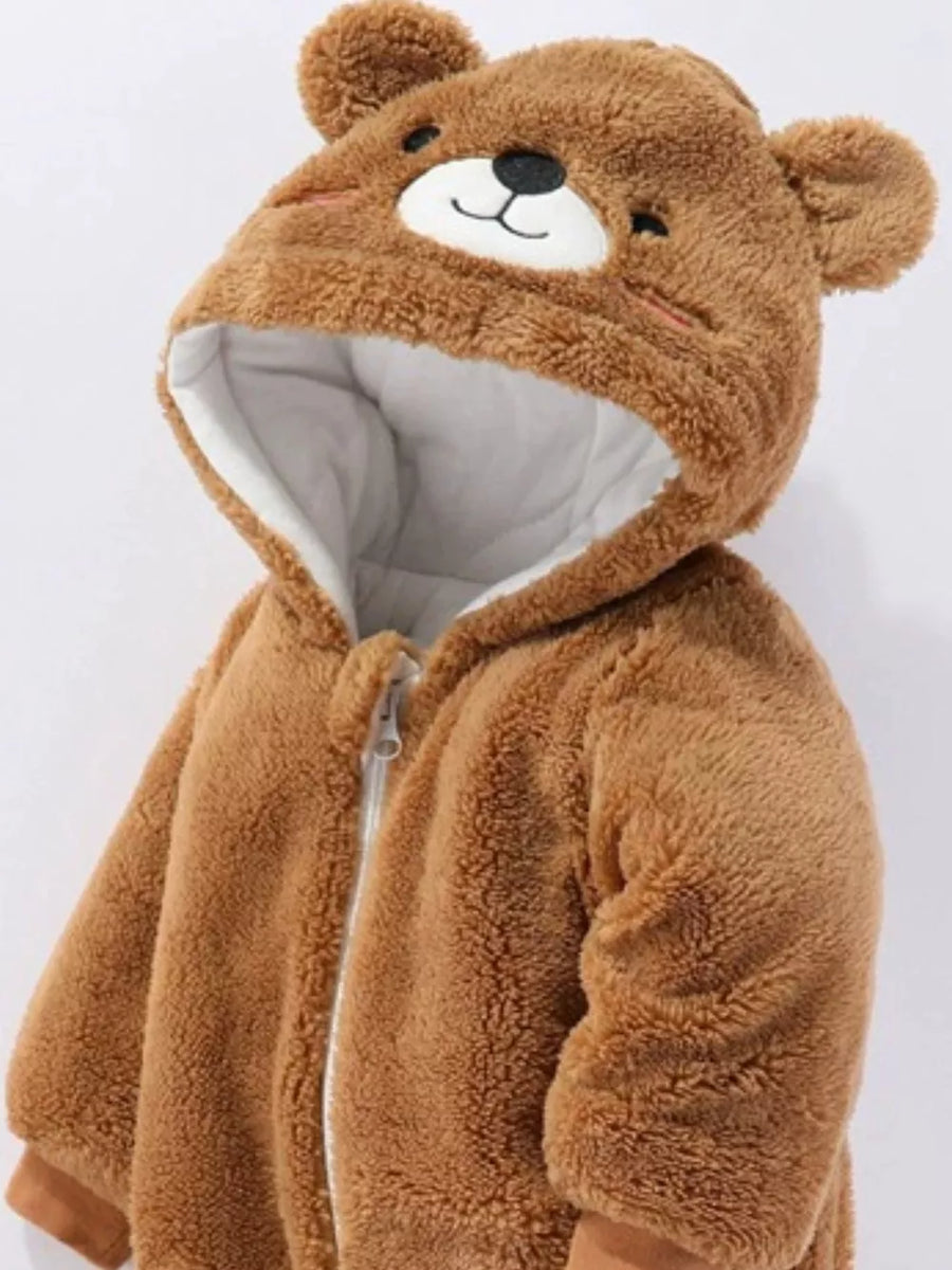 Brown fleece baby bear hooded snowsuit with zipper closure and embroidered face details.