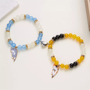 2 Piece 18k Gold-plated Beaded Cat Charm Bracelet in black with beaded