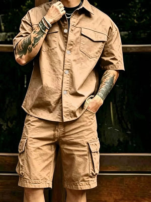 Gray button-up shirt with hip-length and button-front