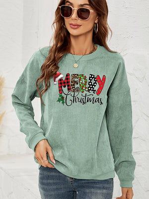 Sage corduroy sweatshirt with Merry Christmas graphic and Santa hat detail.