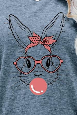 Heather Gray t-shirt with a graphic of a bunny wearing glasses and a pink polka dot bandana, blowing a pink bubble.