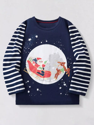 Dark Navy 100% cotton long-sleeve tee with Santa in sleigh graphic and striped sleeves.
