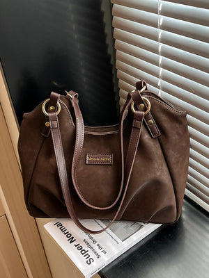 Vintage Suede Handbag Tote Bag in Coffee Brown with shoulder strap