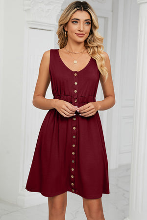 Burgundy button-down a-line summer dress with elastic waist and v-neckline