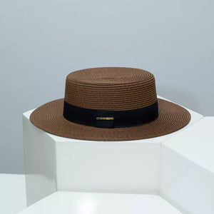 Brown straw boater hat with black band and gold accent