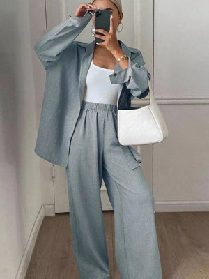 Button-down Long-sleeve Pants in Chocolate with collared