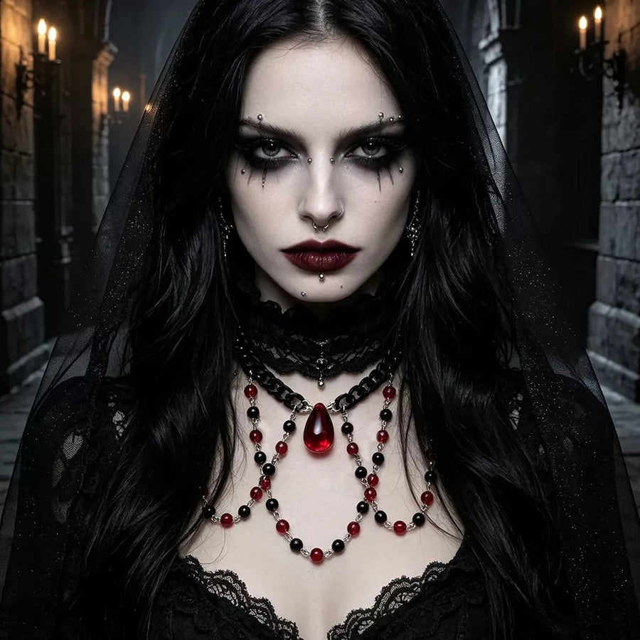 necklace in black with beaded and choker