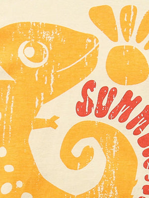 Baby cotton tee with yellow lizard, sun, and red "SUMM" text graphic.