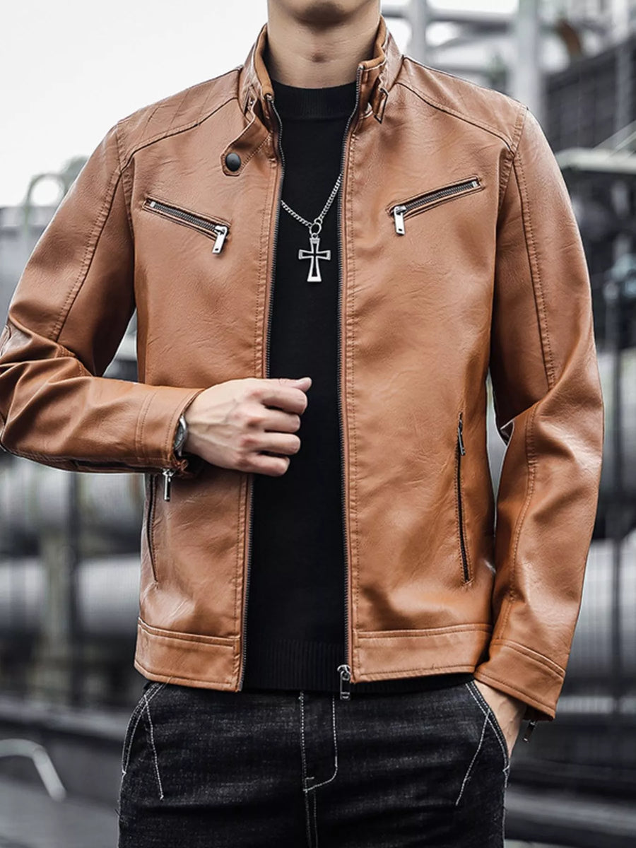 Men's brown leather zip-up jacket with zippered pockets and a stand-up collar.
