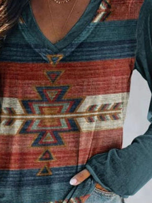 Geometric v-neck long sleeve t-shirt in teal with a colorful Southwestern print.