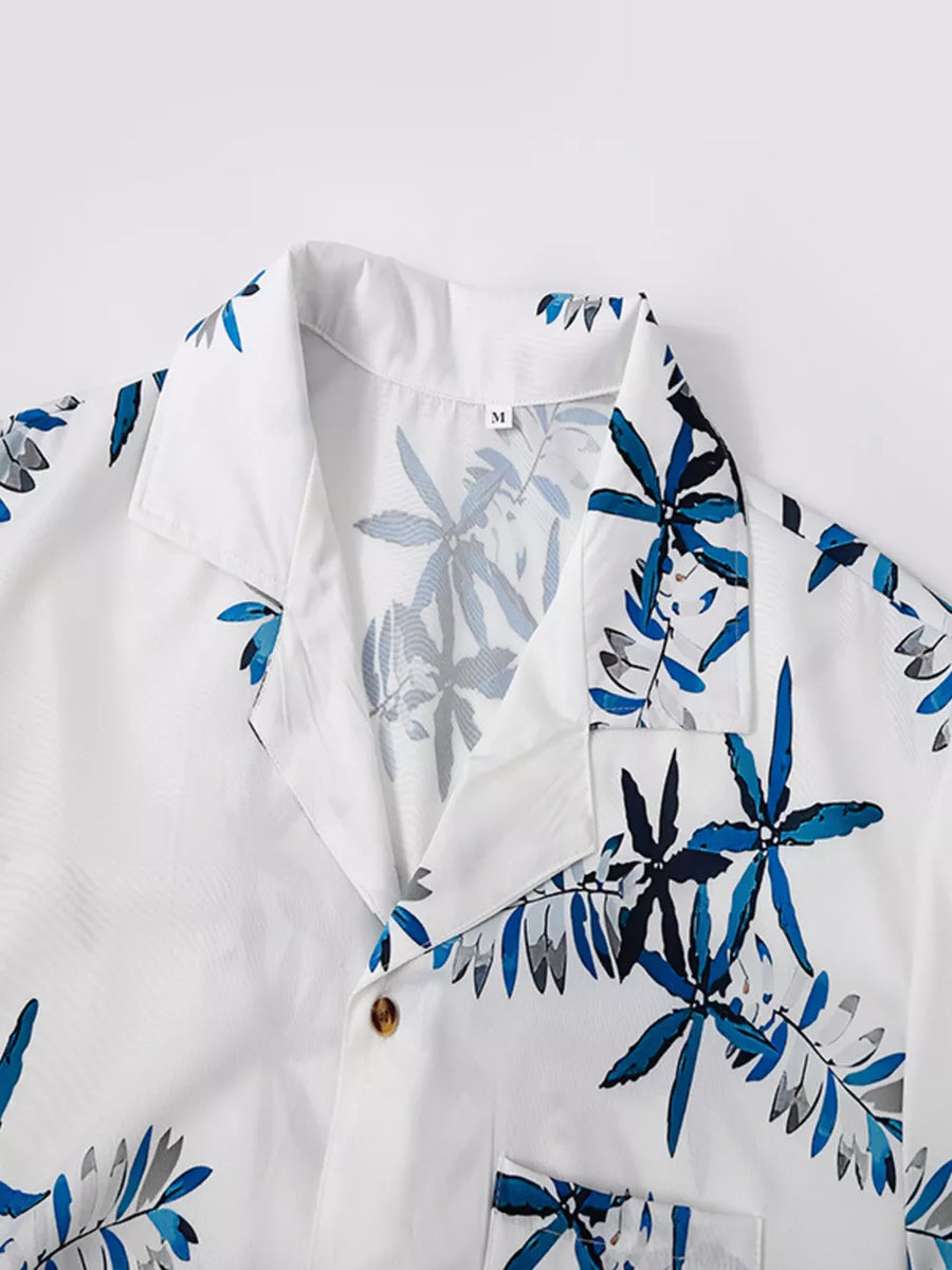 White with Men's Tropical Print Short Sleeve Shirt And Shorts Set in White