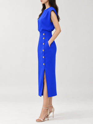 Sleeveless Midi Bodycon Dress With Gold Buttons in Black