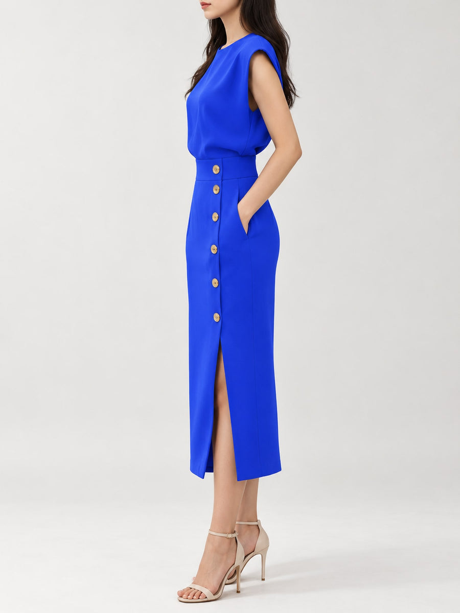 Sleeveless Midi Bodycon Dress With Gold Buttons in Black