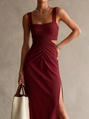 Ruched Cut-out Midi Dress in Black