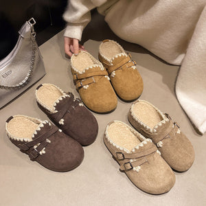 slip-on shoes in camel featuring fluff lining and clog fit