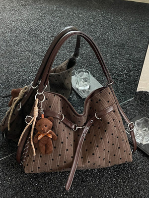 Polka Dot Canvas Shoulder Bag in Brown with buckle straps