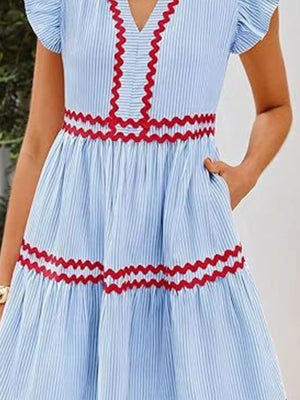 Light Blue mini dress featuring tiered and striped