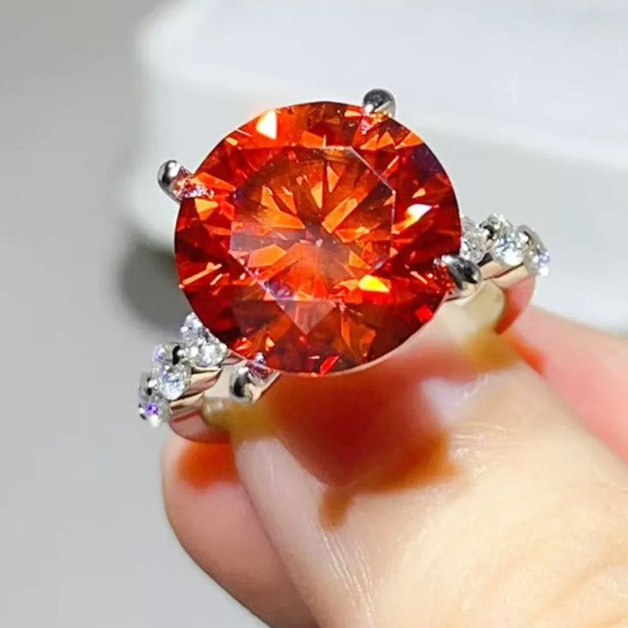 10 Carat Moissanite 925 Sterling Silver Ring in orange-red with large center stone